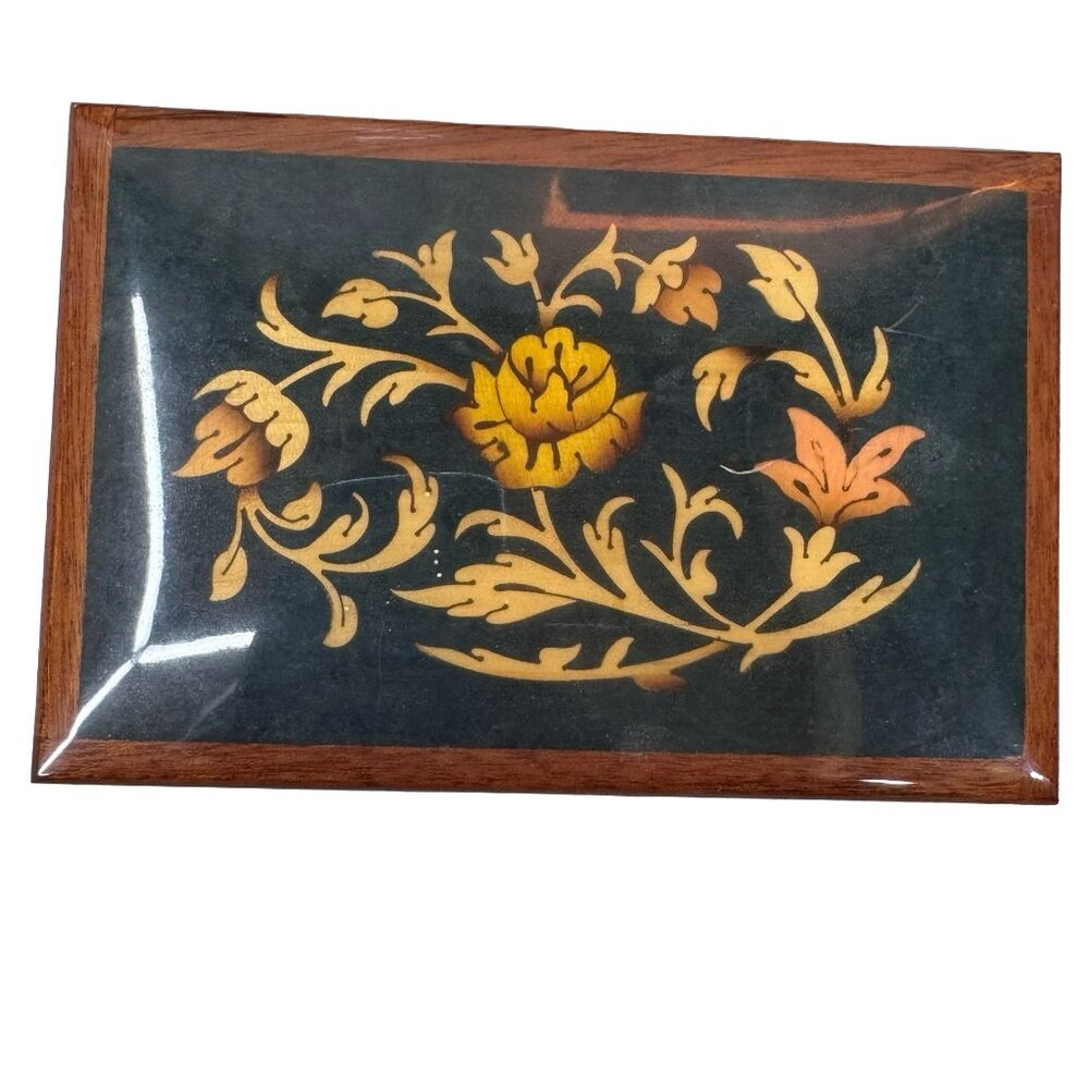 Reuge Inlaid Floral Jewelry Music Box Green Rectangle Italy Song Fascination VTG - Picture 2 of 11